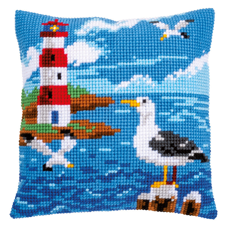 Kit coussin au point de croix Phare et mouettes