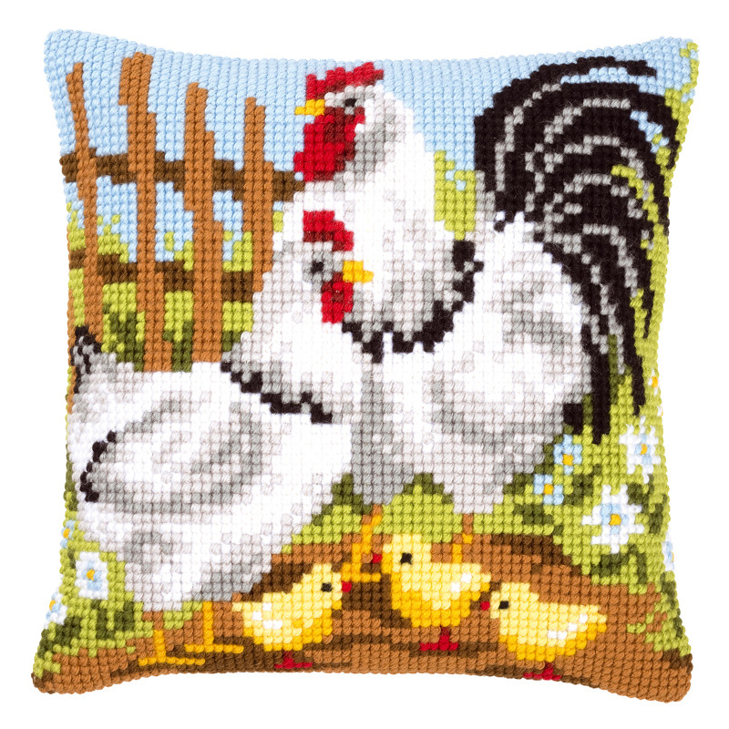 Coussin au point de croix Poules