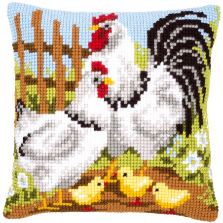 Coussin au point de croix Poules