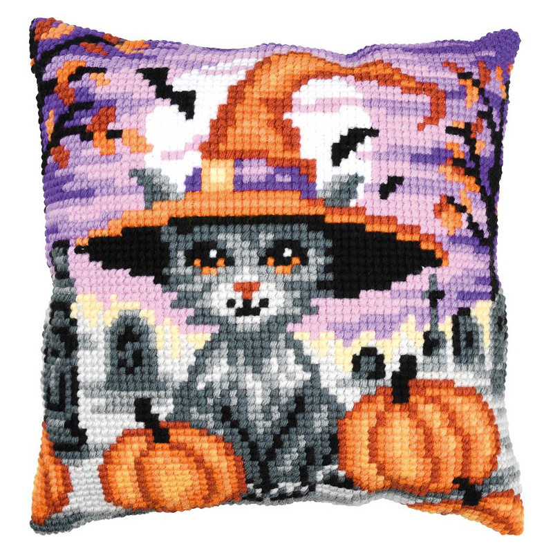Kit coussin au point de croix Chaton d'Halloween